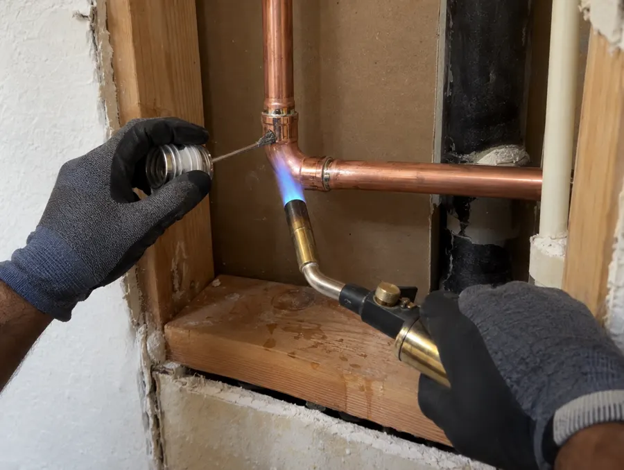 Gloved hands solder a copper pipe joint inside an open wall