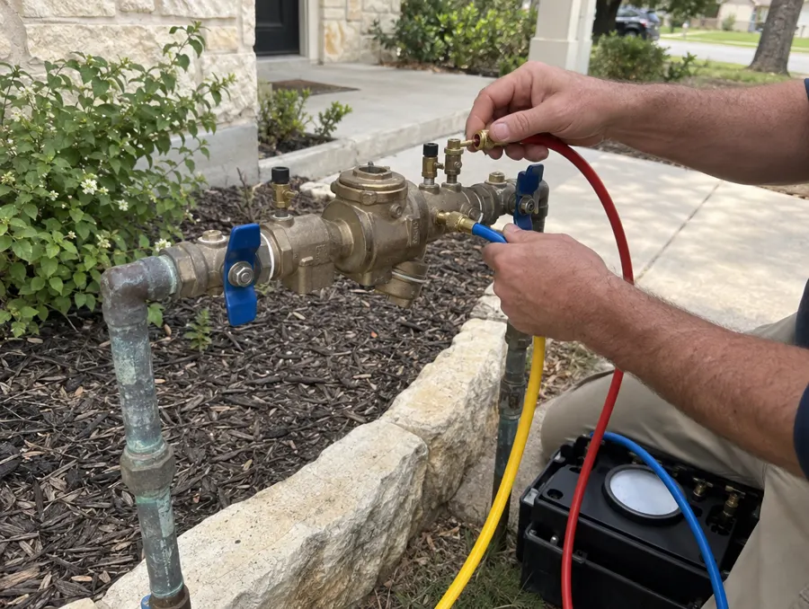 Test kit hoses clipped onto a brass backflow preventer beside a front walkway
