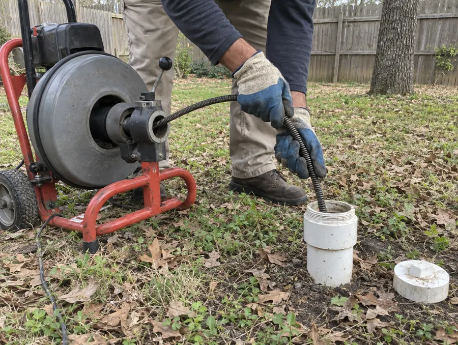 Gloved hands feed a drain cable into a backyard sewer cleanout