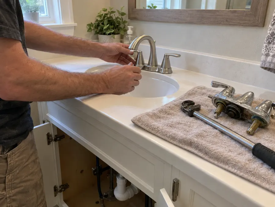 A plumber's hands fit a new brushed nickel faucet on a bathroom sink
