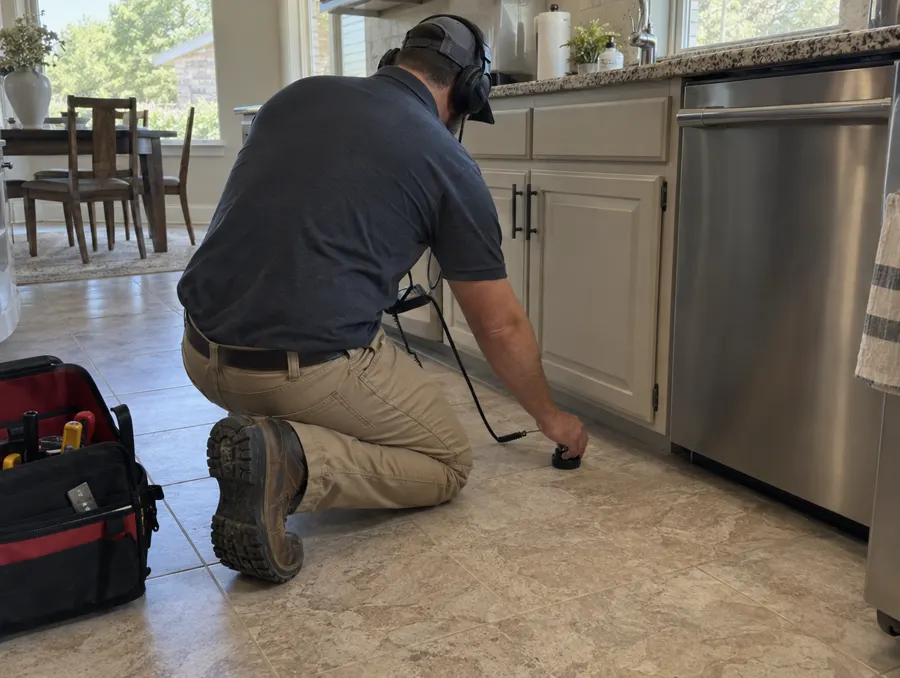 A plumber kneels on a kitchen tile floor listening for a leak with a sensor