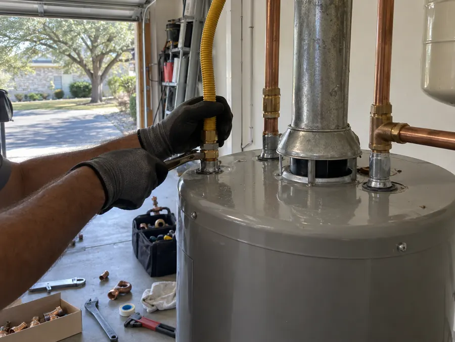 A plumber connects the gas and copper water lines on a new tank water heater in a garage