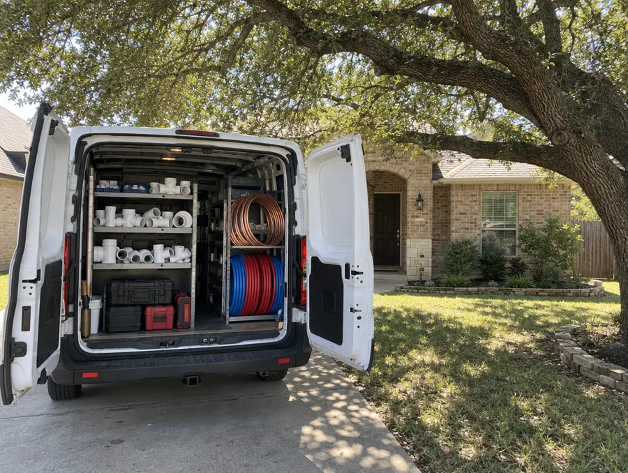 A work van with its back doors open under a live oak, shelves of pipe fittings inside